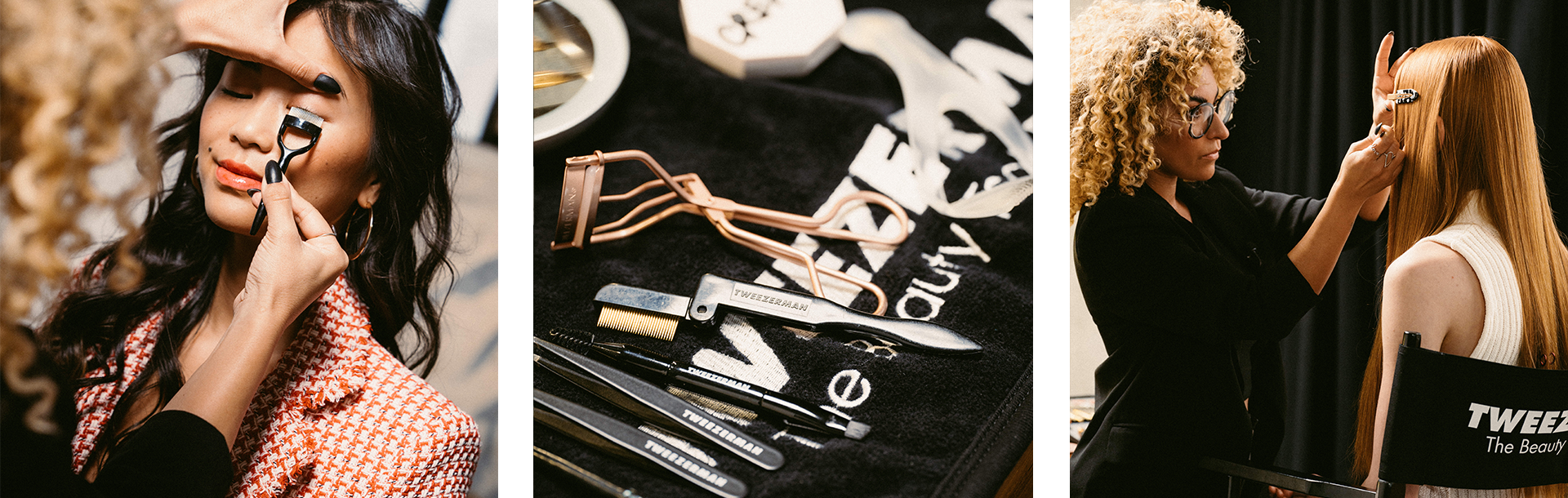 Make-up artist curling models brows. Tweezerman beauty tool assortment laid out on Black and white Tweezerman towel. Makeup artist making final touches on a models red hair.