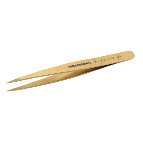 TWEEZERMAN spitze Pinzette aus rostfreiem Edelstahl mit spezieller Beschichtung in gold.