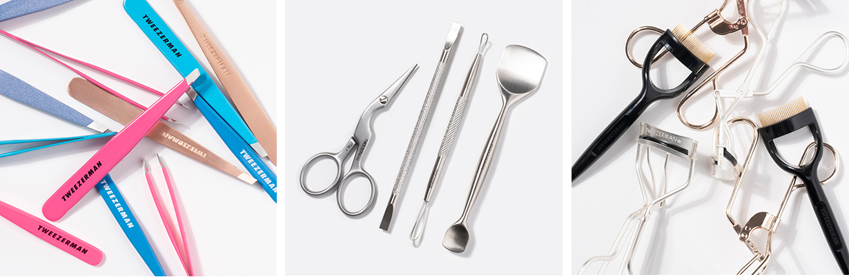 Darstellung von nachhaltigen Produkten, wie die schrägen Pinzetten, Wimpernzangen oder weiteren Beauty Tools aus Edelstahl.
