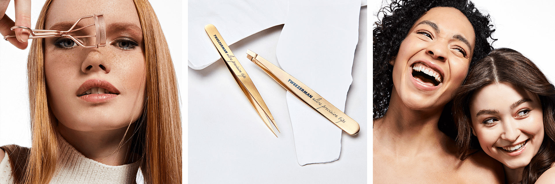 Red Haired model showing off freshly curled lashes holding curler. Gold Point and Slant Tweezers on white background.  Two models smiling and laughing.