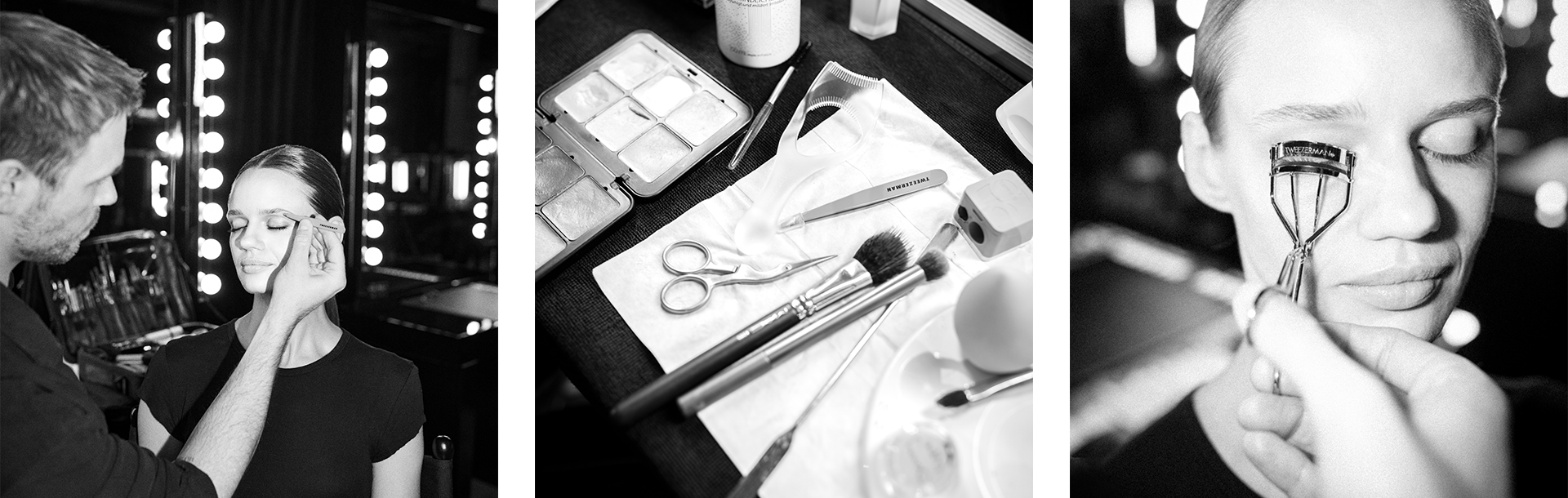 Drei Schwarz-Weiß-Fotos aus einem Backstage Bereich: Ein Visagist formt die Augenbrauen einer Frau mit einer Pinzette, auf einem Tisch liegen Tweezerman Tweezer und weitere Beauty-Tools und im dritten Bild werden die Wimpern der Frau mit dem Tweezerman Curler gebogen.