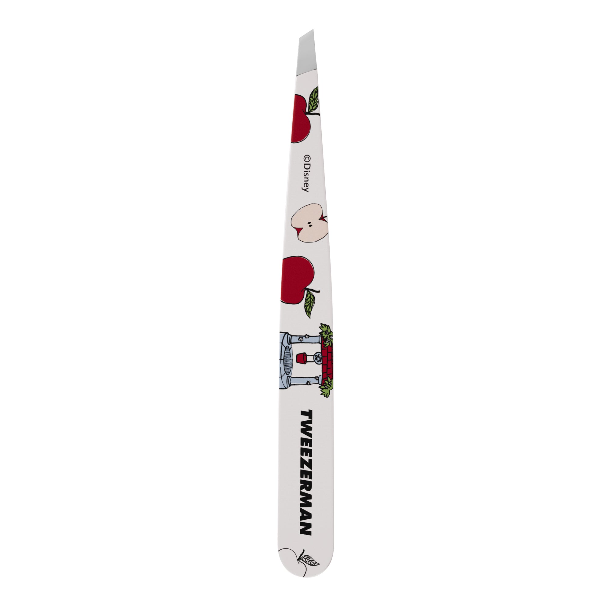 Nahaufnahme der Spitzen einer TWEEZERMAN schrägen Pinzette mit Disney&#39;s Schneewittchen aus  rostfreiem Edelstahl mit handgeschliffenen Spitzen.