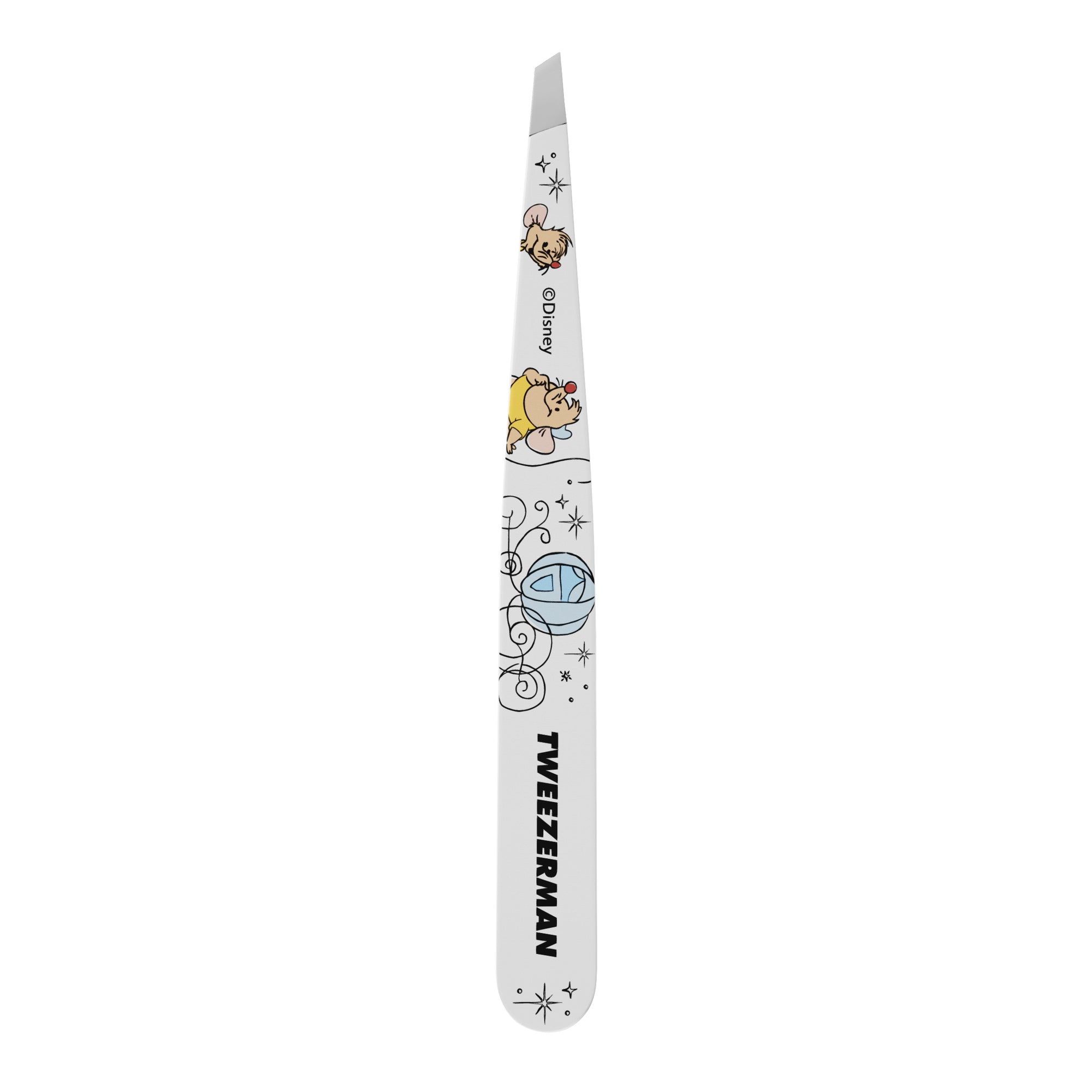 Nahaufnahme der Spitzen einer TWEEZERMAN schrägen Pinzette mit Disney&#39;s Cinderella aus  rostfreiem Edelstahl mit handgeschliffenen Spitzen.