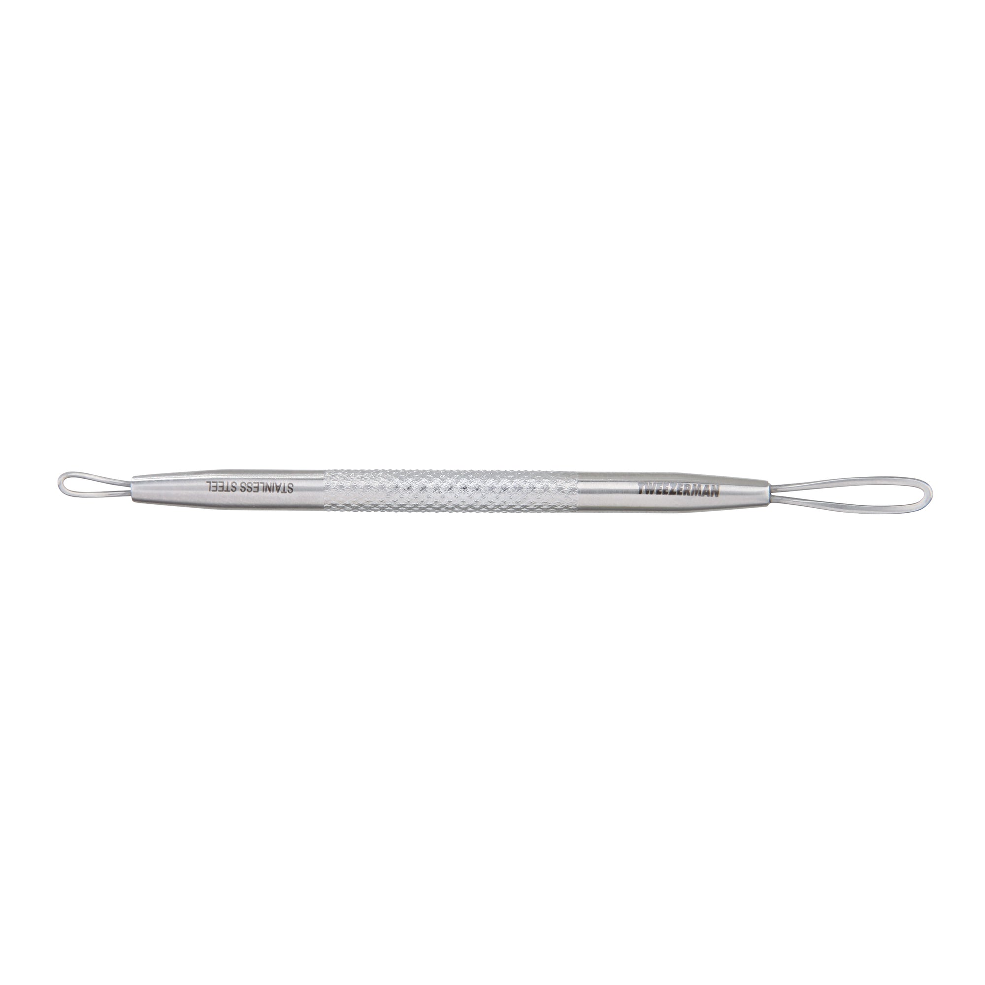 TWEEZERMAN Mitesserentferner in silber aus rostfreiem Edelstahl mit rutschfestem Griff.
