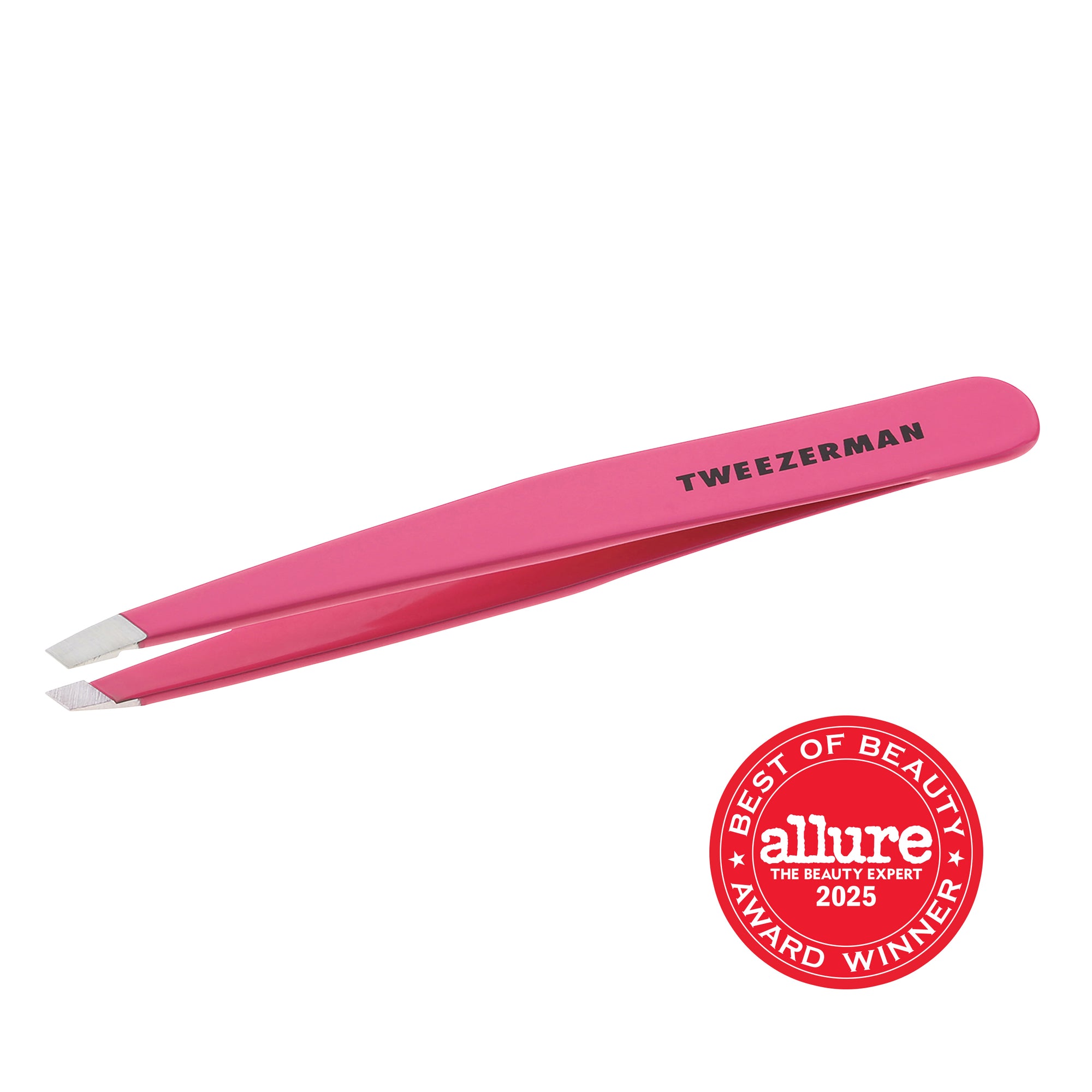 TWEEZERMAN schräge Pinzette in pink aus rostfreiem Edelstahl mit handgeschliffenen Spitzen.