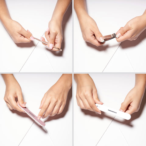 Anwendungsbilder der Maniküre Produkte Nagelhautschieber, Nagelknipser und Nagelfeile.