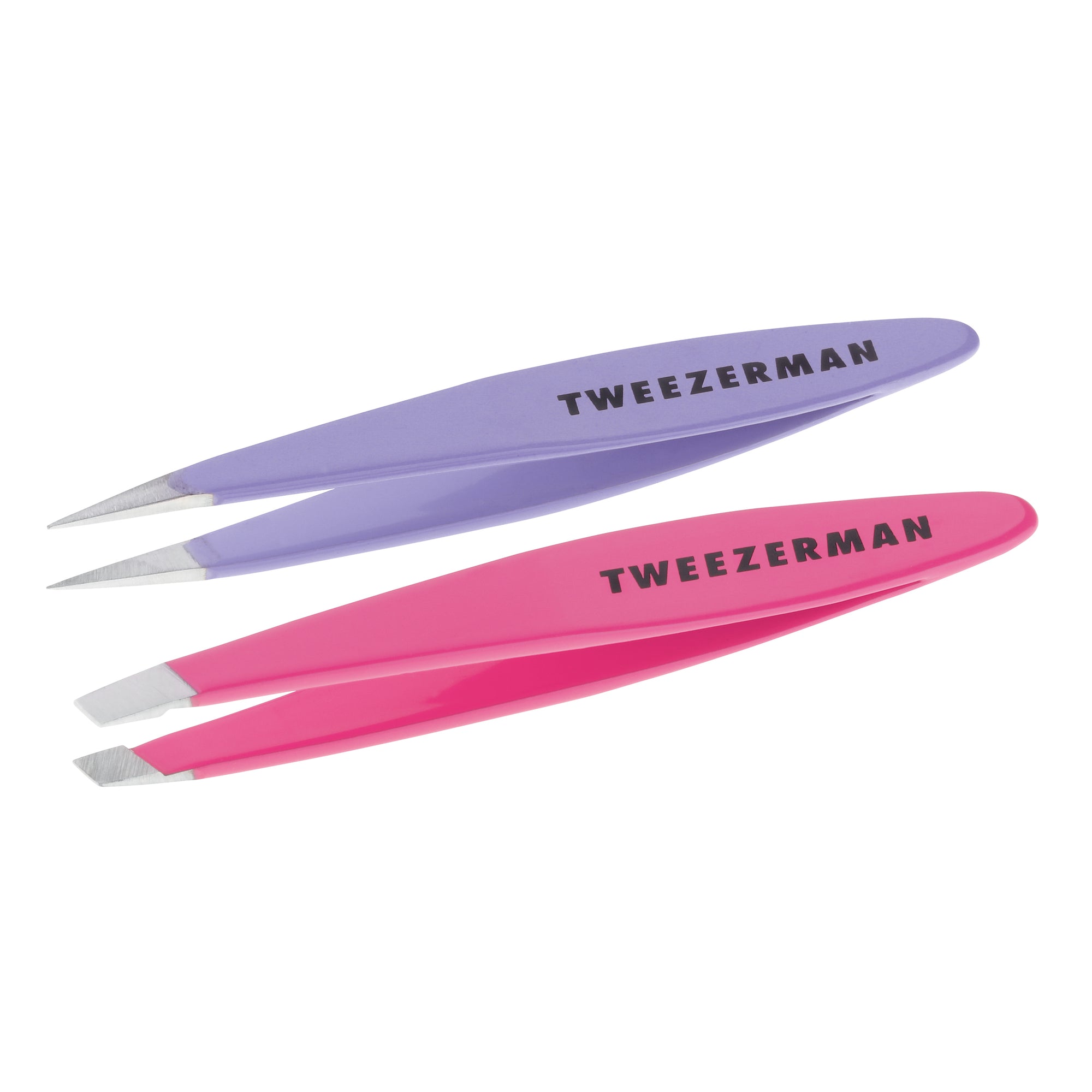 TWEEZERMAN Mini Set mit spitzer Pinzette in lila und schräger Pinzette in pink aus rostfreiem Edelstahl.