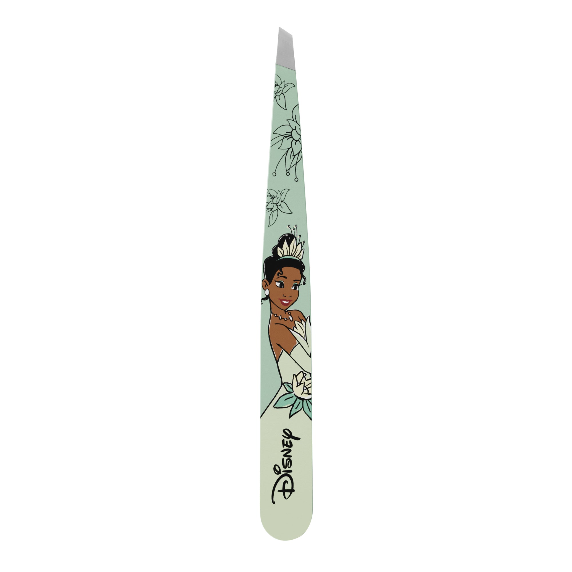 TWEEZERMAN schräge Pinzette mit Disney&#39;s Tiana aus rostfreiem Edelstahl mit handgeschliffenen Spitzen.