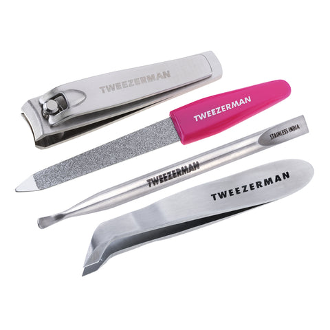 TWEEZERMAN 4teiliges Mini Maniküre Set, mit diversen Produkten ideal für die Nagelpflege, aus rostfreiem Edelstahl.