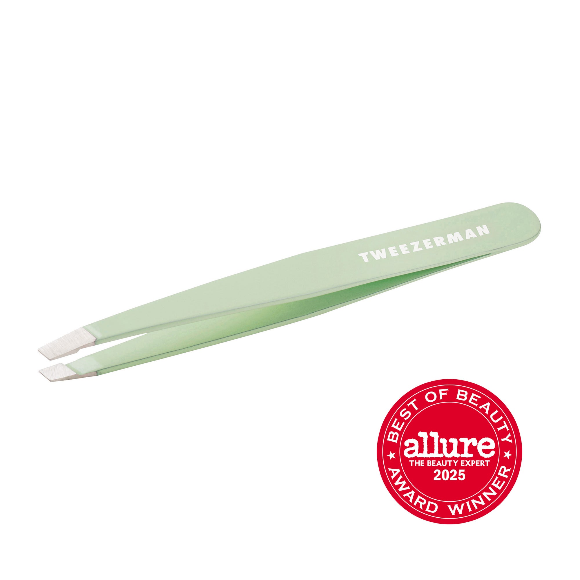 TWEEZERMAN schräge Pinzette in Pistachio aus rostfreiem Edelstahl mit handgeschliffenen Spitzen.