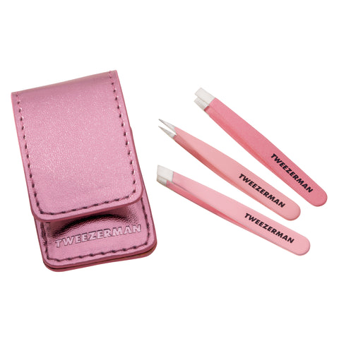 TWEEZERMAN Micro Mini Set mit gerader, spitzer und schräger Pinzette in pink und pinkem Etui.