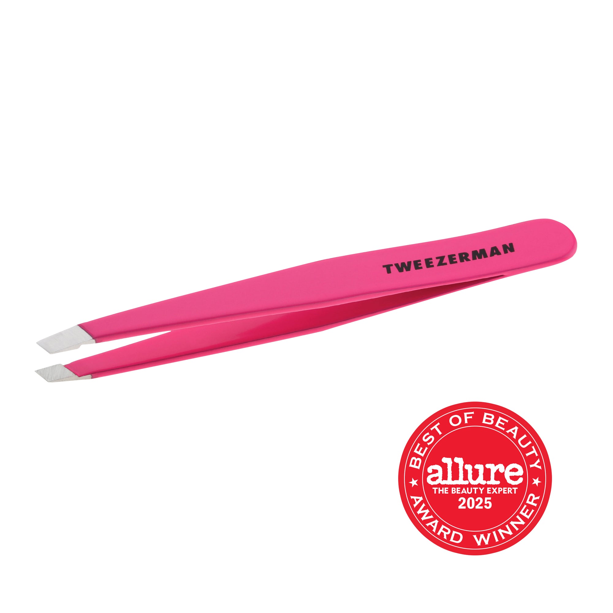 TWEEZERMAN schräge Pinzette in neon pink aus rostfreiem Edelstahl mit handgeschliffenen Spitzen.