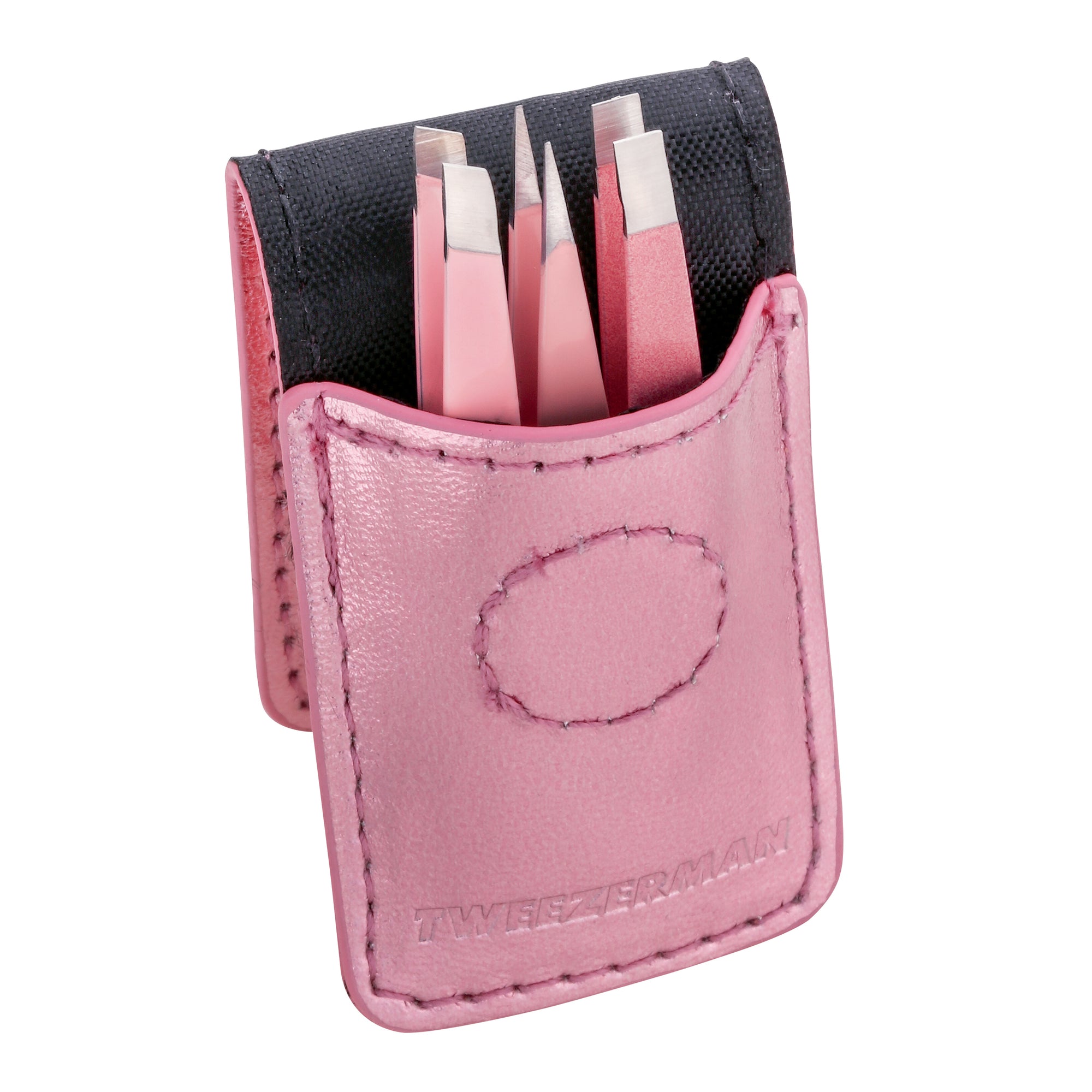 Geöffnetes TWEEZERMAN Micro Mini Set mit gerader, spitzer und schräger Pinzette in pink und pinkem Etui.