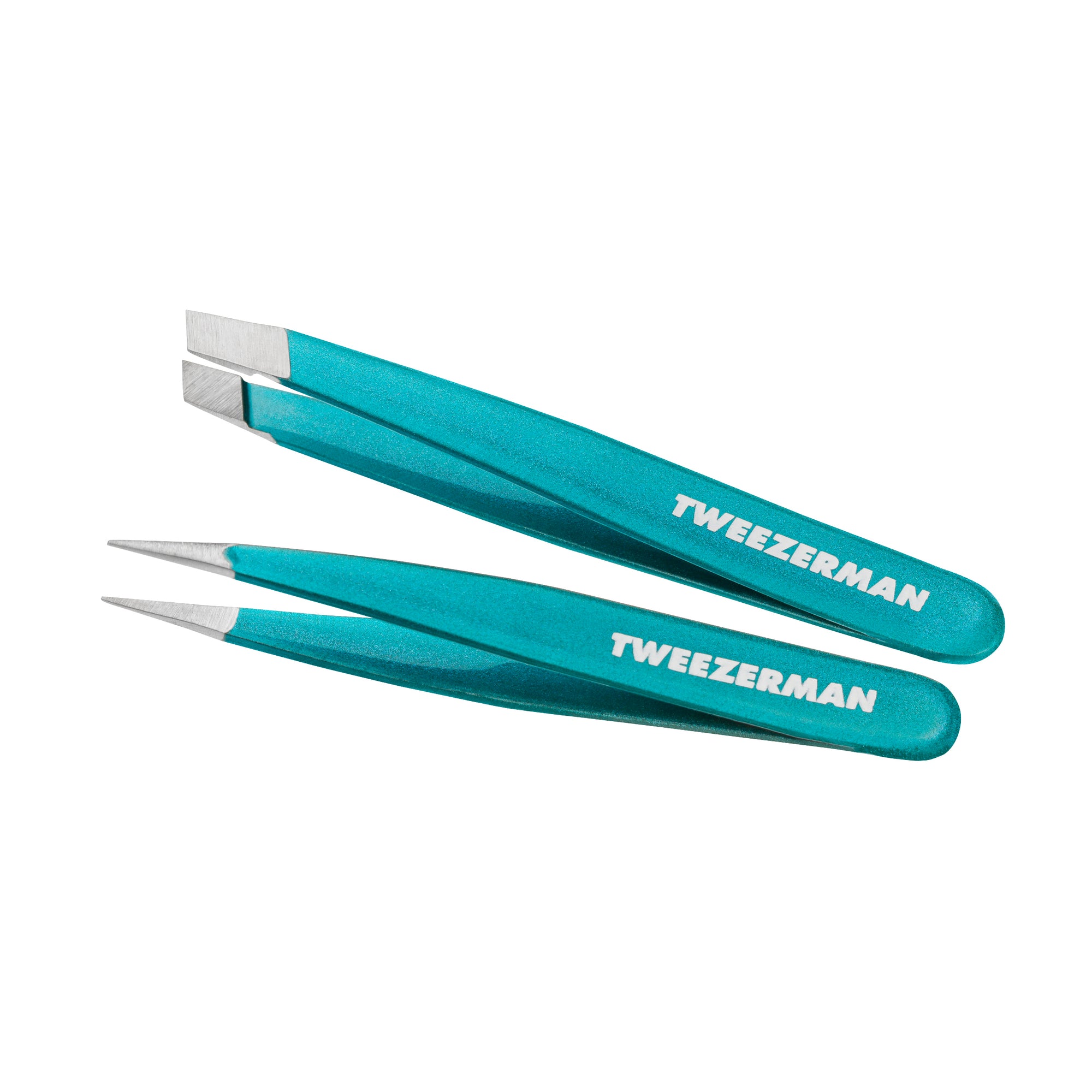 TWEEZERMAN Micro Mini spitze und schräge Pinzette in türkis aus rostfreiem Edelstahl mit handgeschliffenen Spitzen.