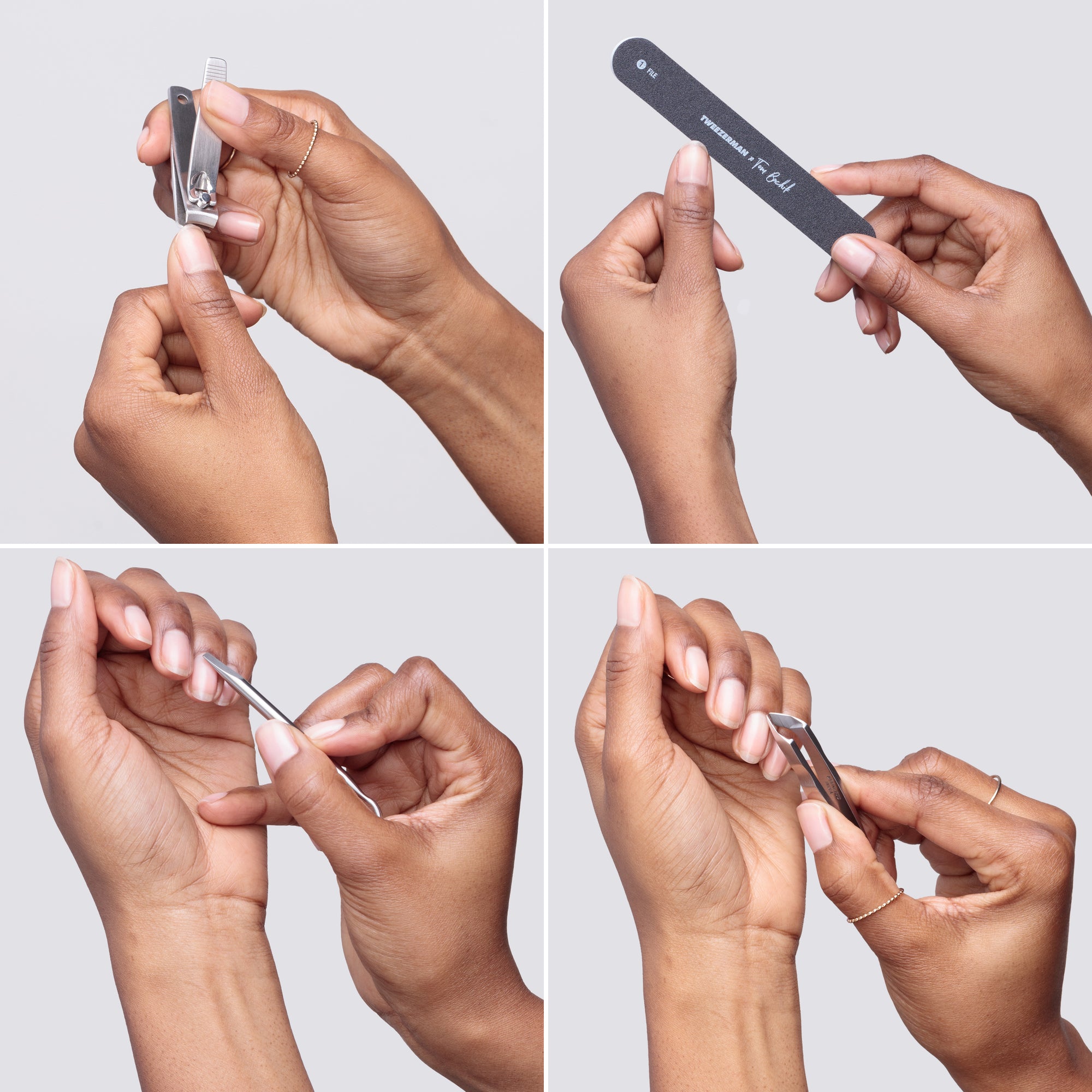 Vier verschiedene Bilder mit Anwendungsbilder des Nagelknipsers, der Nagelfeile, des Nagelhautschiebers und des Nagelhautschneiders.