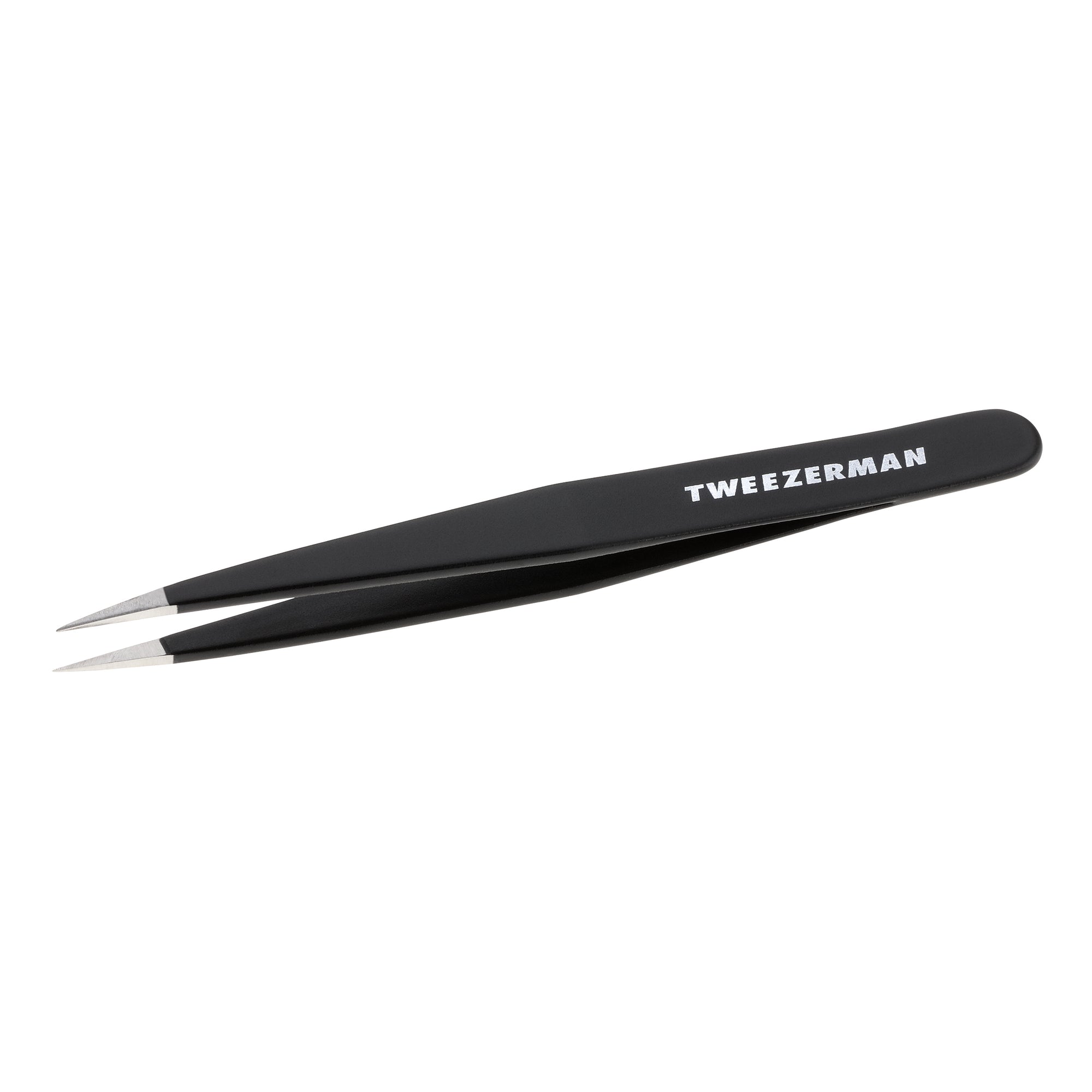 TWEEZERMAN spitze Pinzette in schwarz aus rostfreiem Edelstahl mit handgeschliffenen Spitzen.