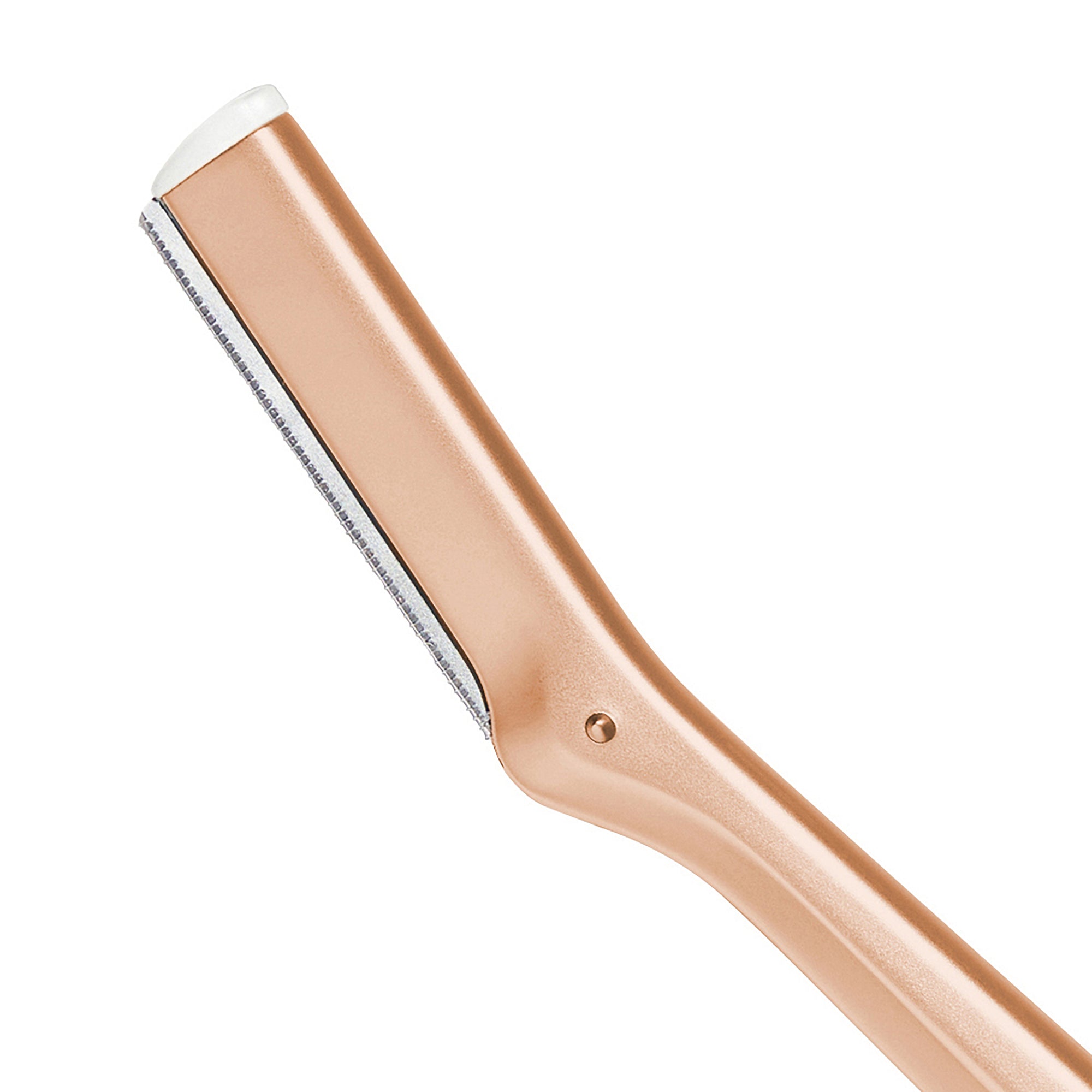 Darstellung einer Anleitung für den Klingenwechsel eines TWEEZERMAN Gesichtshaarrasierers in Rose Gold.