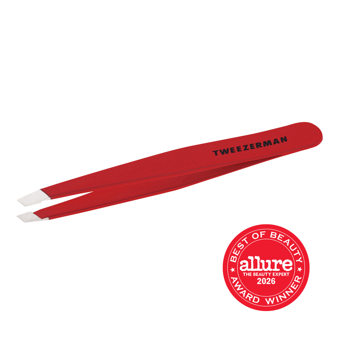 TWEEZERMAN schräge Pinzette in rot aus rostfreiem Edelstahl mit handgeschliffenen Spitzen.