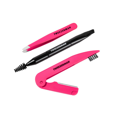 TWEEZERMAN Mini Brow Rescue Kit - Mini Augenbrauen Notfall-Set bestehend aus Schräge Mini Pinzette in Pink, Mini Augenbrauenbürste in Schwarz, Doppelseitiger faltbarer Rasierer in Schwarz