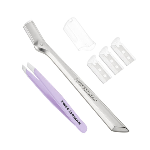 TWEEZERMAN Mini schräge Pinzette in lavender und Augenbrauenrasierer in silber mit Schutzkappe und 3 Ersatzklingen.