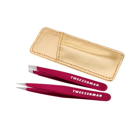 TWEEZERMAN Mini schräge und spitze Pinzette in fuchsia aus rostfreiem Edelstahl mit Etui.