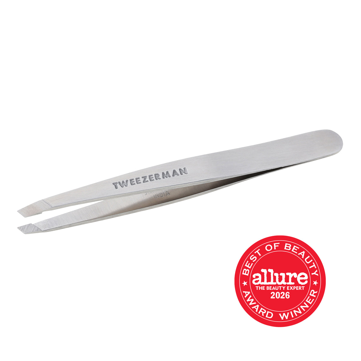 TWEEZERMAN schräge Pinzette in silber aus rostfreiem Edelstahl mit handgeschliffenen Spitzen.