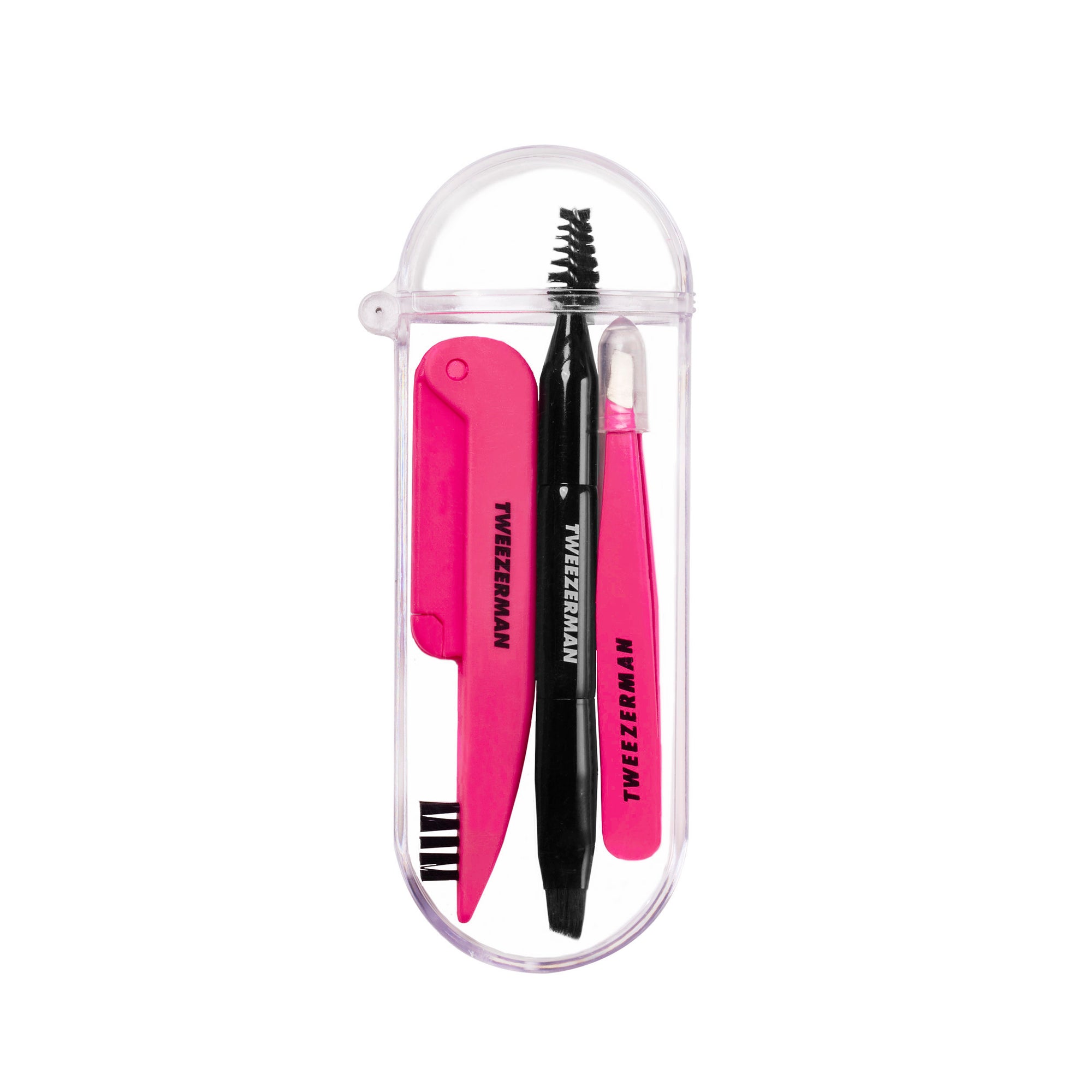 TWEEZERMAN Mini Brow Rescue Kit - Mini Augenbrauen Notfall-Set bestehend aus Schräge Mini Pinzette in Pink, Mini Augenbrauenbürste in Schwarz, Doppelseitiger faltbarer Rasierer in Schwarz in transparenten Etui.