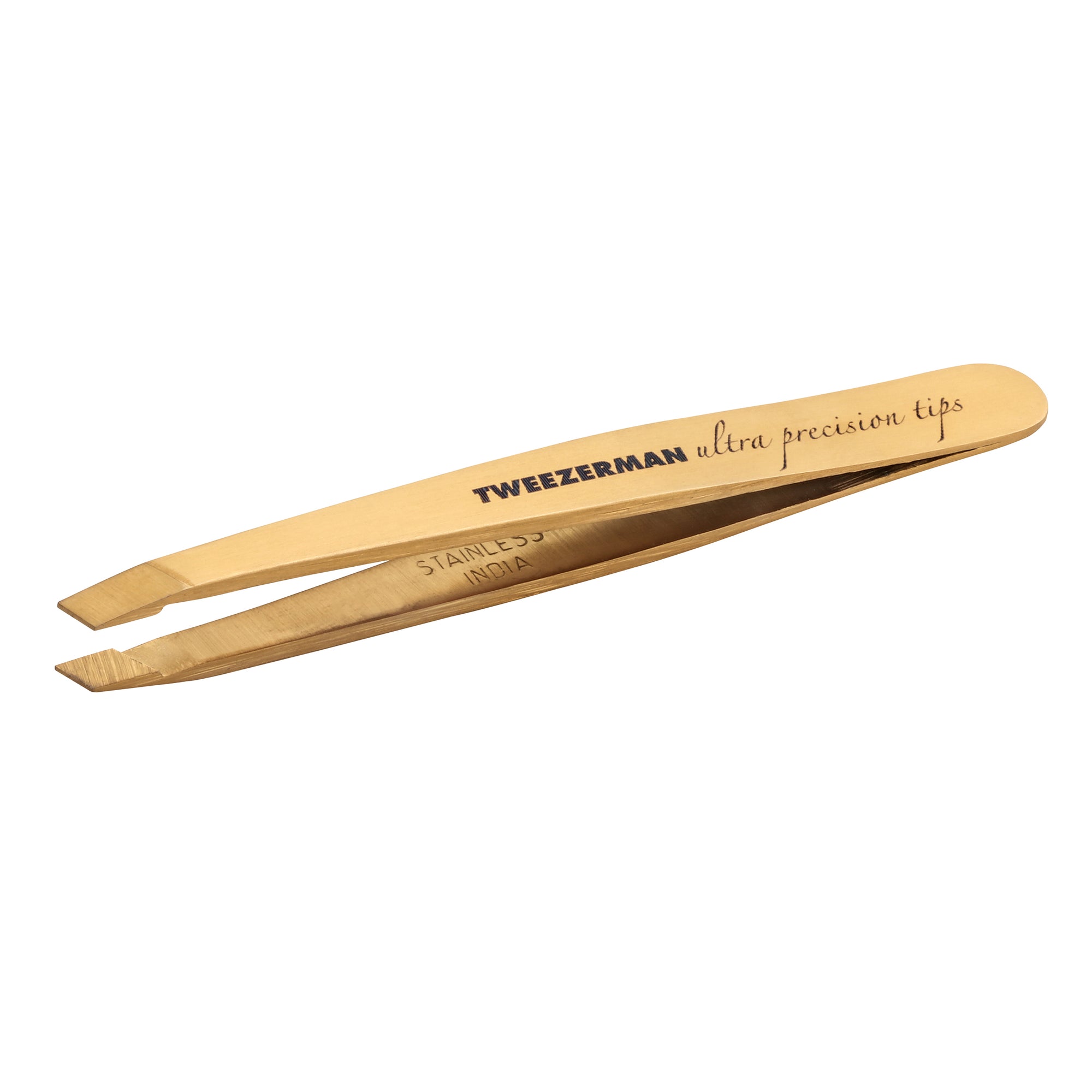 TWEEZERMAN Mini schräge Pinzette  aus rostfreiem Edelstahl mit spezieller Beschichtung in gold.
