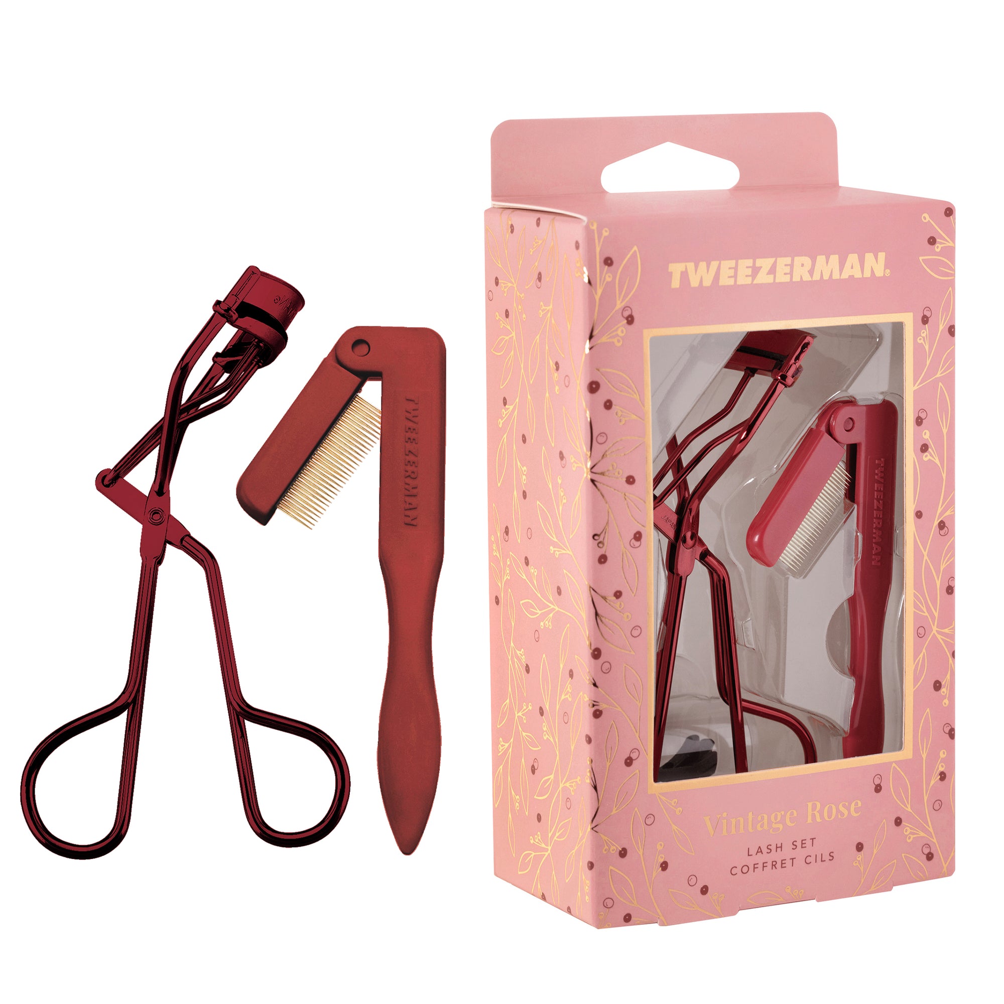 TWEEZERMAN Set bestehend aus Wimpernzange und Wimpernkamm in Dunkelrot mit Geschenkverpackung.