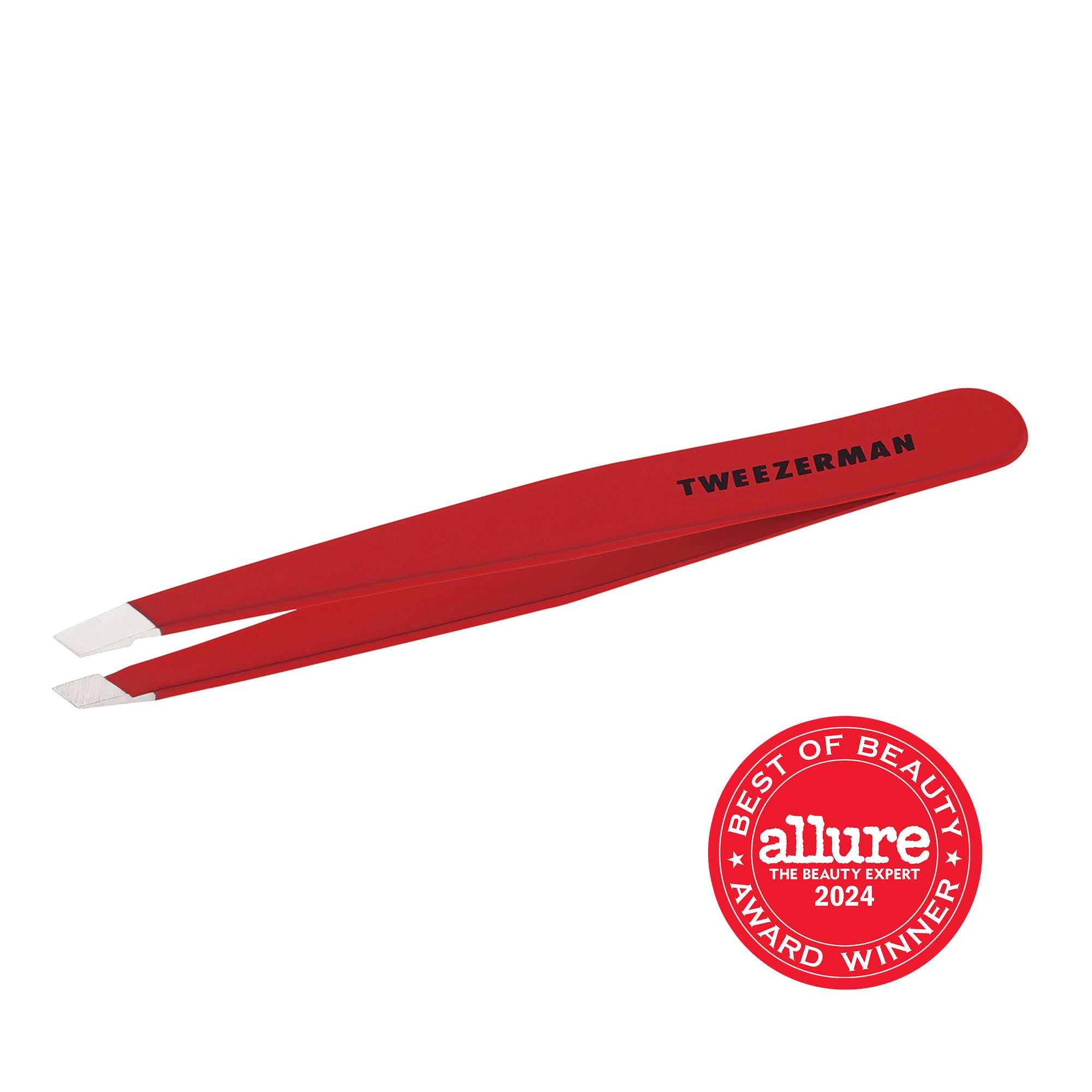 TWEEZERMAN schräge Pinzette in rot aus rostfreiem Edelstahl mit handgeschliffenen Spitzen.
