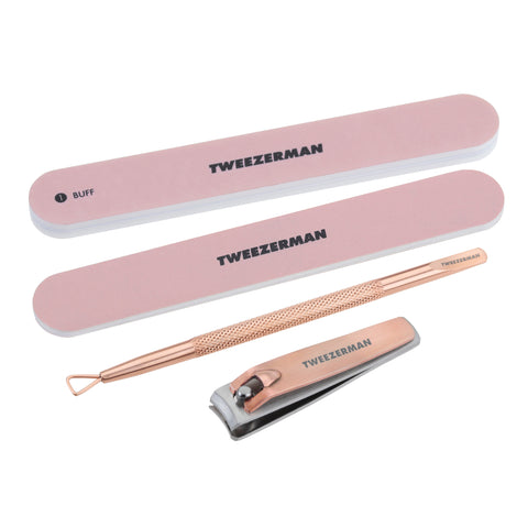 TWEEZERMAN Set 4teilig mit diversen Tools für die Maniküre und Pediküre, in pink und rose gold.