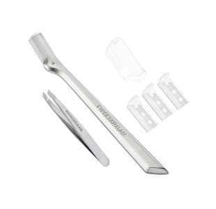 TWEEZERMAN Mini schräge Pinzette in silber und Augenbrauenrasierer in silber mit Schutzkappe und 3 Ersatzklingen.