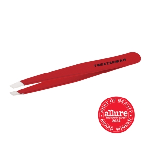 TWEEZERMAN schräge Pinzette in rot aus rostfreiem Edelstahl mit handgeschliffenen Spitzen.